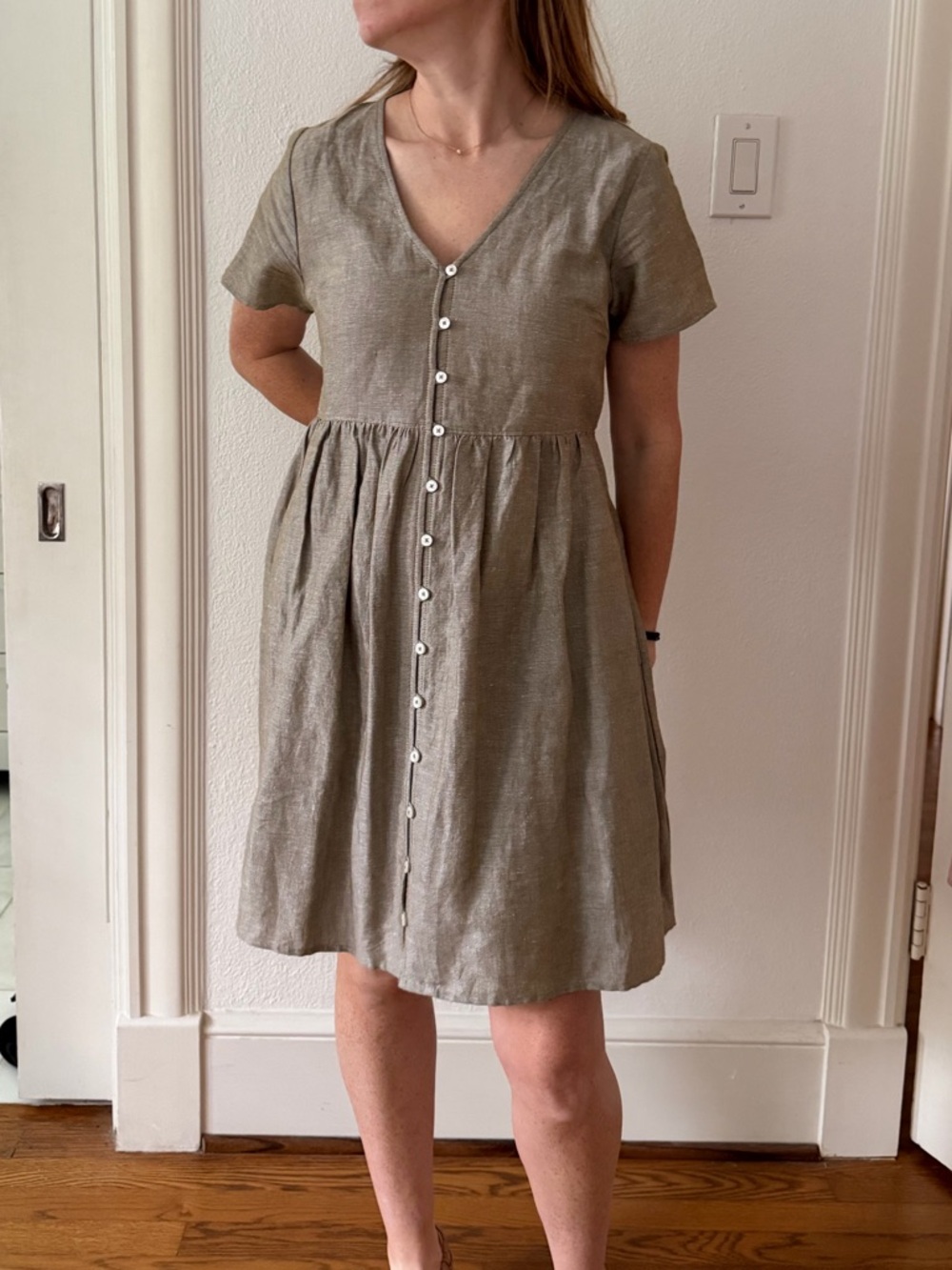 Madewell Olive Button-Front V-Neck Mini Dress